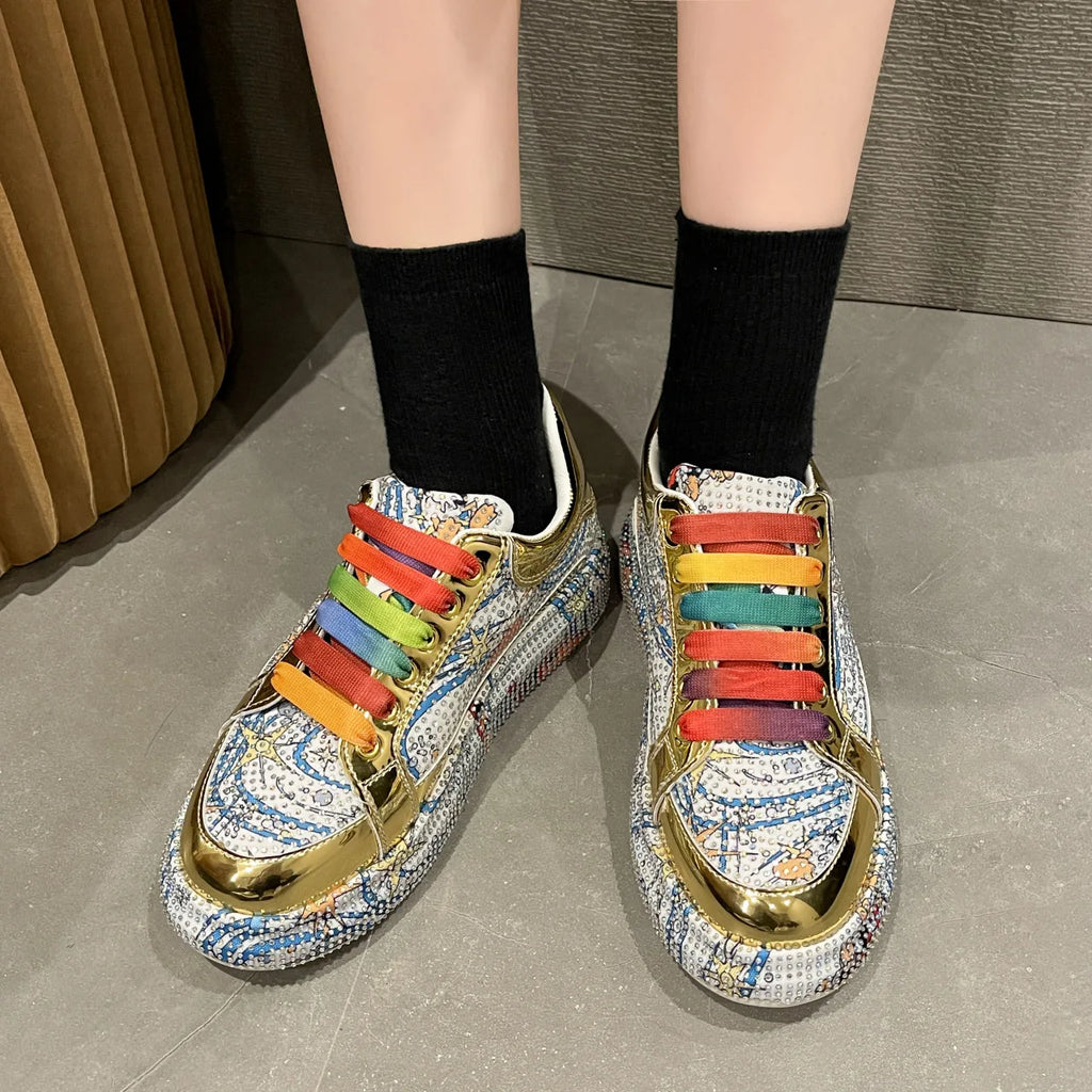 Women's Graffiti Rhinestone Thick Sole Casual Sneakers Casual Sneakers Axl WHITE 37