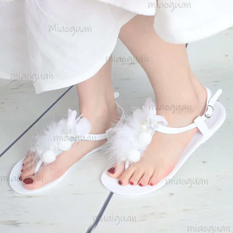 Women's Crystal Jelly Sandals – Bead Flower Clip-Toe Flats Jelly Flat Sandals Axl