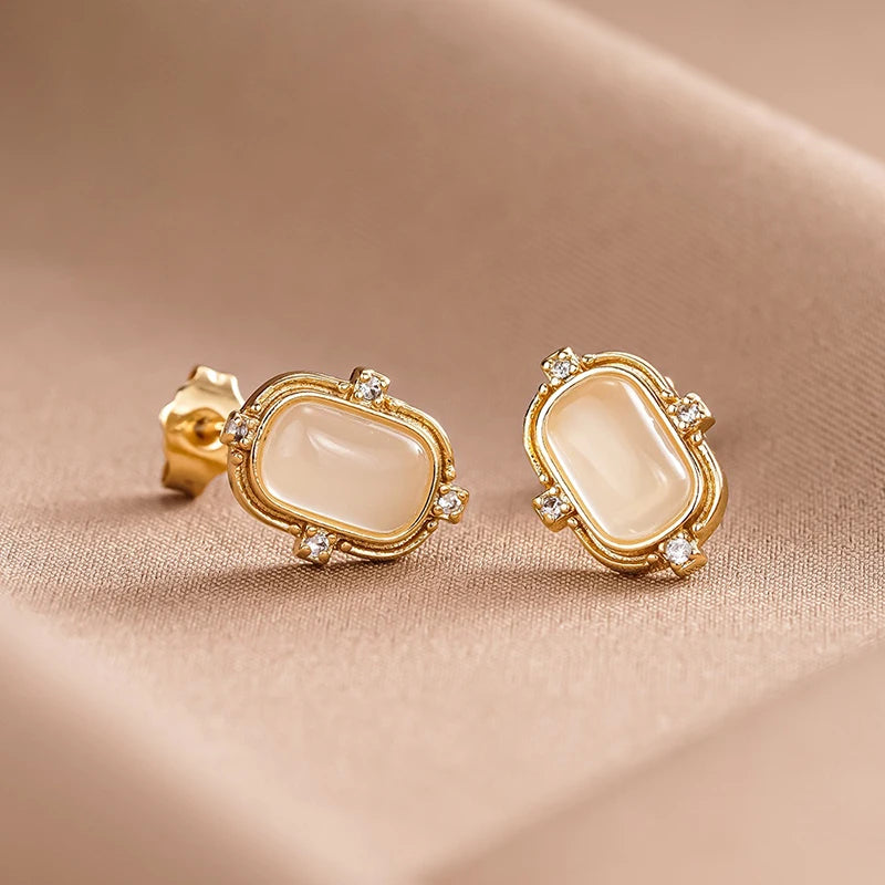 Huitan Opal & CZ Geometric Gold Stud Earrings for Women Stud Earrings Axl
