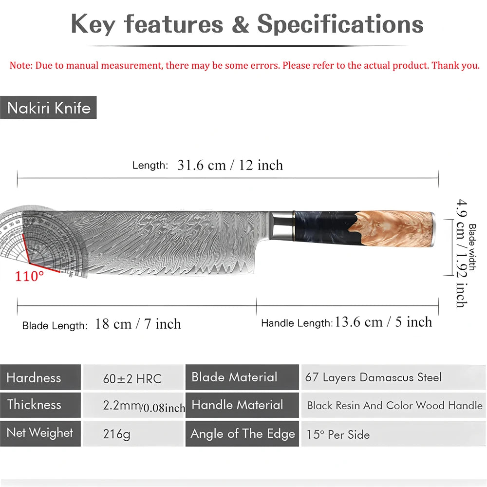 67-Layer Damascus Steel Nakiri Knife – Vegetable Cleaver Damascus Kitchen Knife Axl