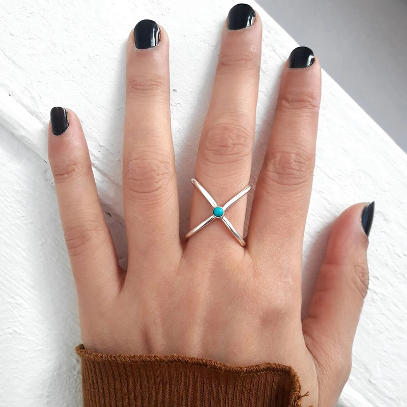 Huitan Bohemian Cross Ring – Blue Imitation Turquoise Women Fashion Ring Axl
