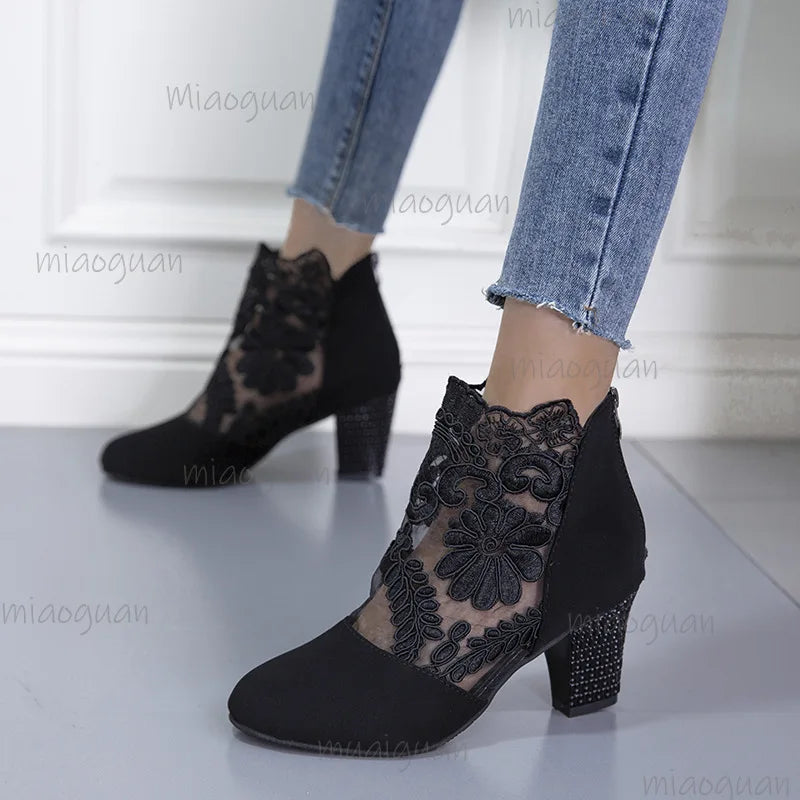 Women's Lace Heeled Gladiator Sandals | Square Heel Booties Heeled Gladiator Sandals Axl