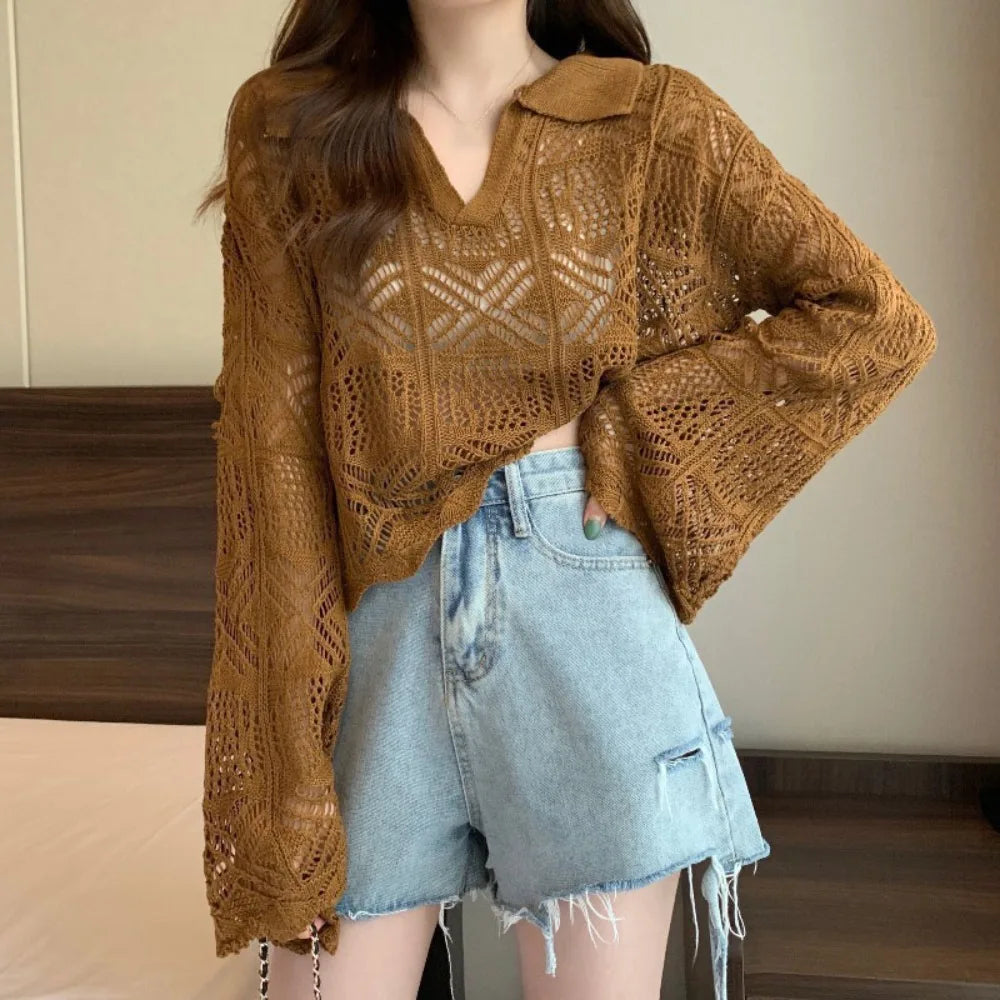 Women's V-Neck Crochet Hollow Knit Beach Top | Long Sleeve Crochet Knit Top Axl Coffee One Size