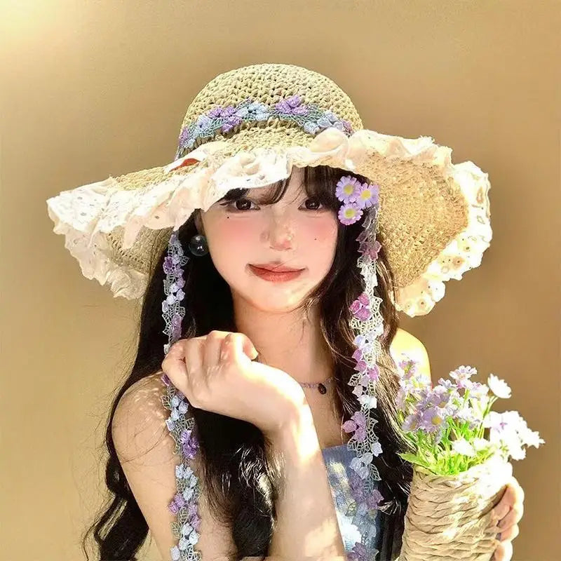 Women's Large Brim Straw Hat – Floral Bow Summer Beach Hat Wide Brim Straw Hat Axl A7