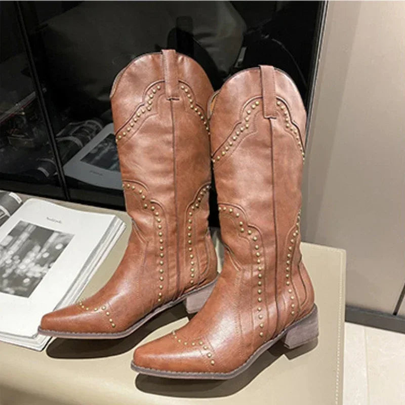 Women's Retro Rivet Mid-Calf Cowboy Boots | Slip-On Western Western Cowboy Boots Axl