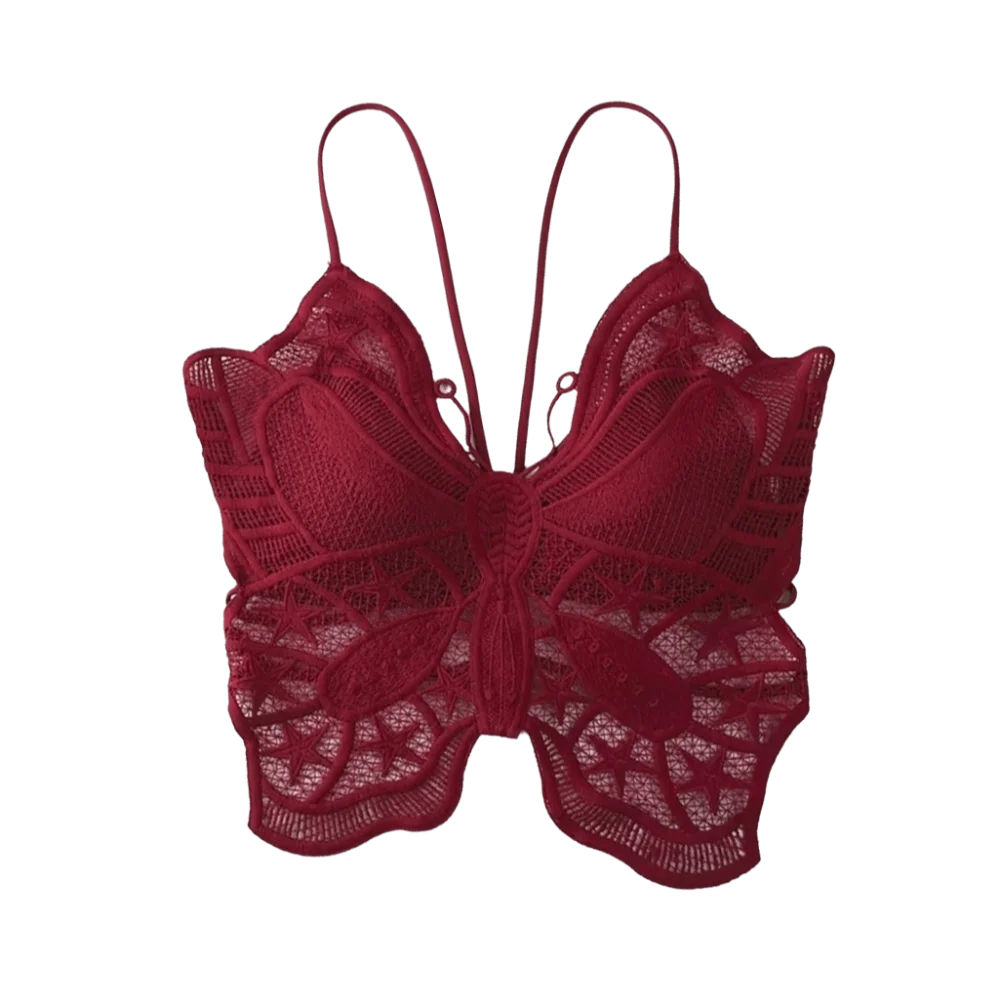 Backless Butterfly Mesh Crop Top Camisole | Women's Vest Mesh Crop Top Axl Wine Red One Size