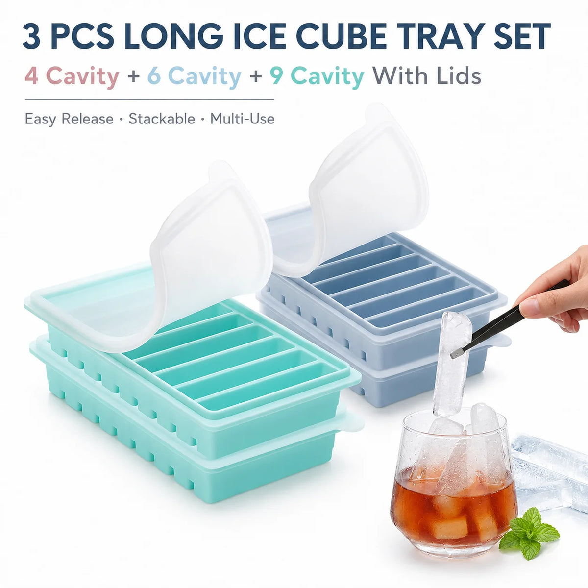 3-Piece Silicone Long Ice Cube Tray Set with Lids | Ice Stick Maker Silicone Ice Tray Set Axl