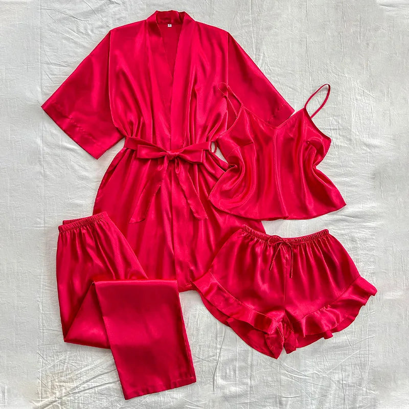 Women's 4-Piece Satin Kimono Pajama Set – Silky Loungewear Pajama Set Axl Burgundy Robe Set 1XL