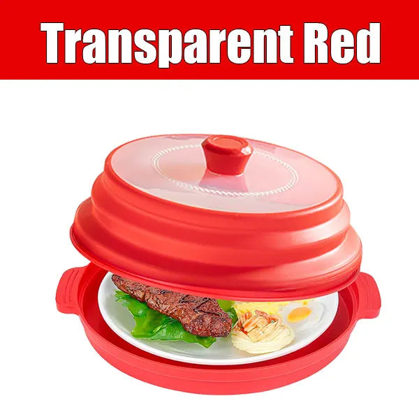 Collapsible Silicone Microwave Splatter Cover with Tray | BPA-Free Microwave Splatter Cover Axl Transparent Red