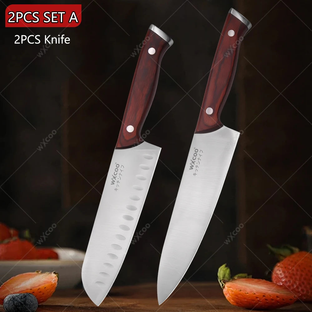 WXCOO Japanese Santoku Knife | Wooden Handle Kitchen Knife Kitchen Knife Axl 2PCS A