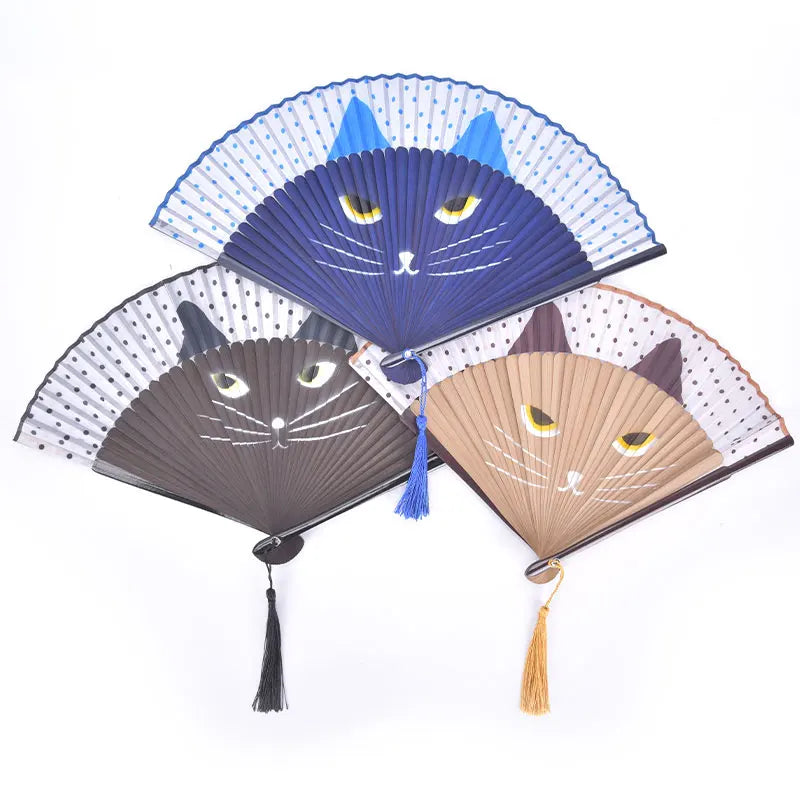 Japanese Silk Folding Hand Fan – Anime Cat Design & Tassel Folding Hand Fan Axl