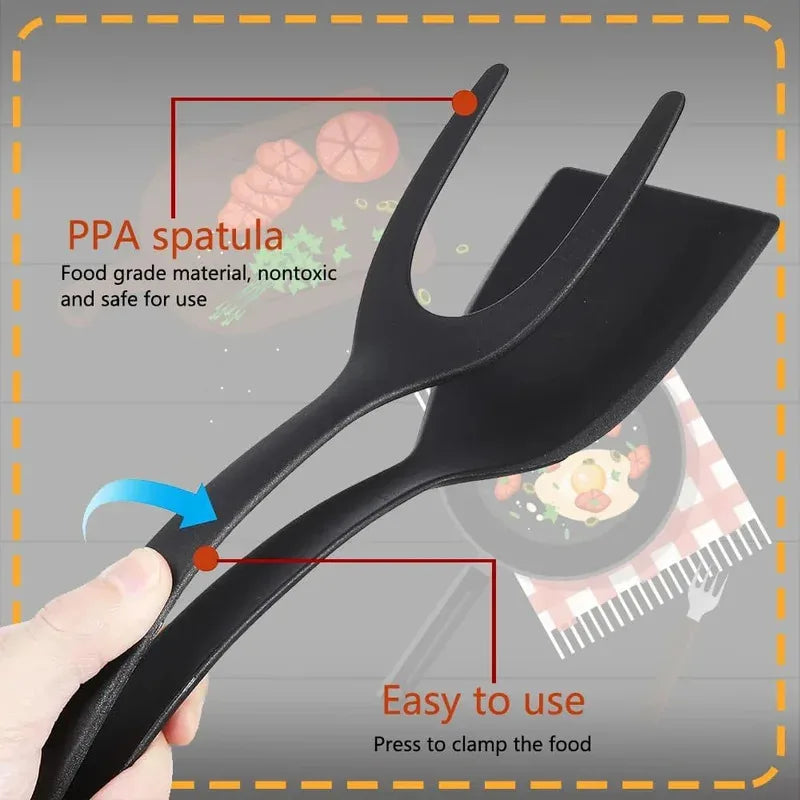2-in-1 Grip & Flip Spatula Tongs – Nylon Non-Stick Turner Kitchen Spatula Tongs Axl