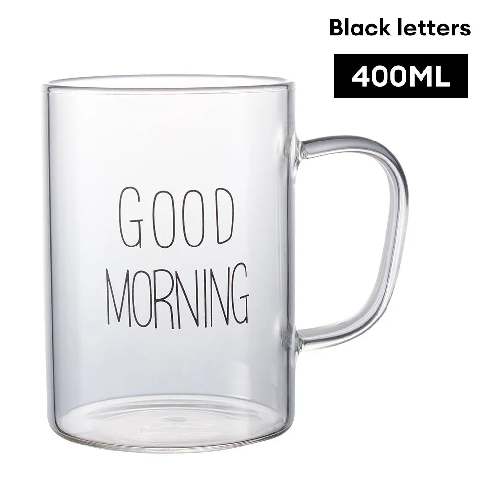 KEMORELA Good Morning Glass Mug – 400ml Transparent Breakfast Cup Glass Breakfast Mug Axl Black letters 401-500ml