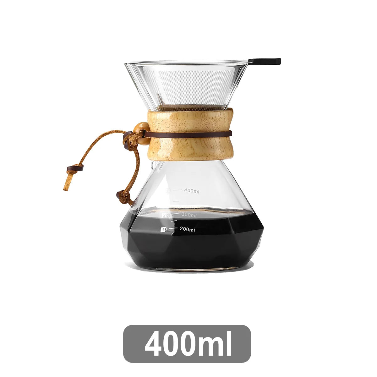 Pour-Over Glass Coffee Maker | Stainless Steel Filter & Wooden Collar Pour-Over Coffee Maker Axl 400ml