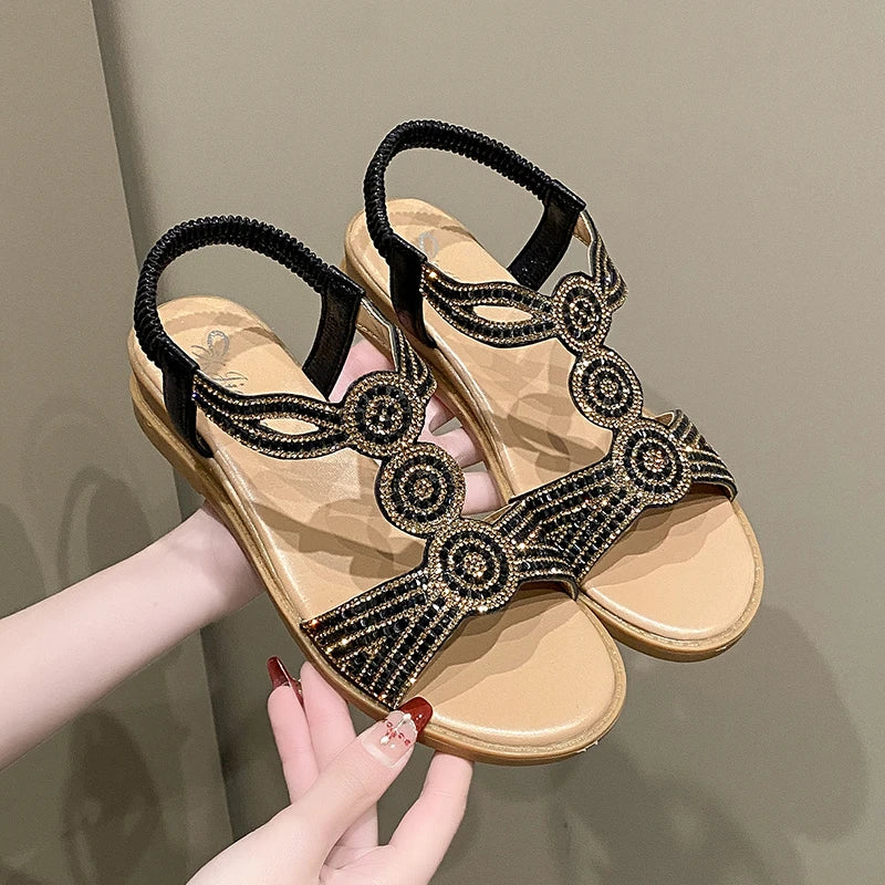 Women's Rhinestone Flat Sandals – Elastic Strap Beach Summer Shoes Flat Sandals Axl