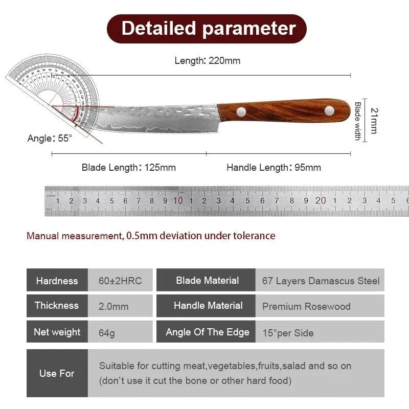 67-Ply Damascus Steel Fruit Knife – Solid Wood Handle Damascus Kitchen Knife Axl