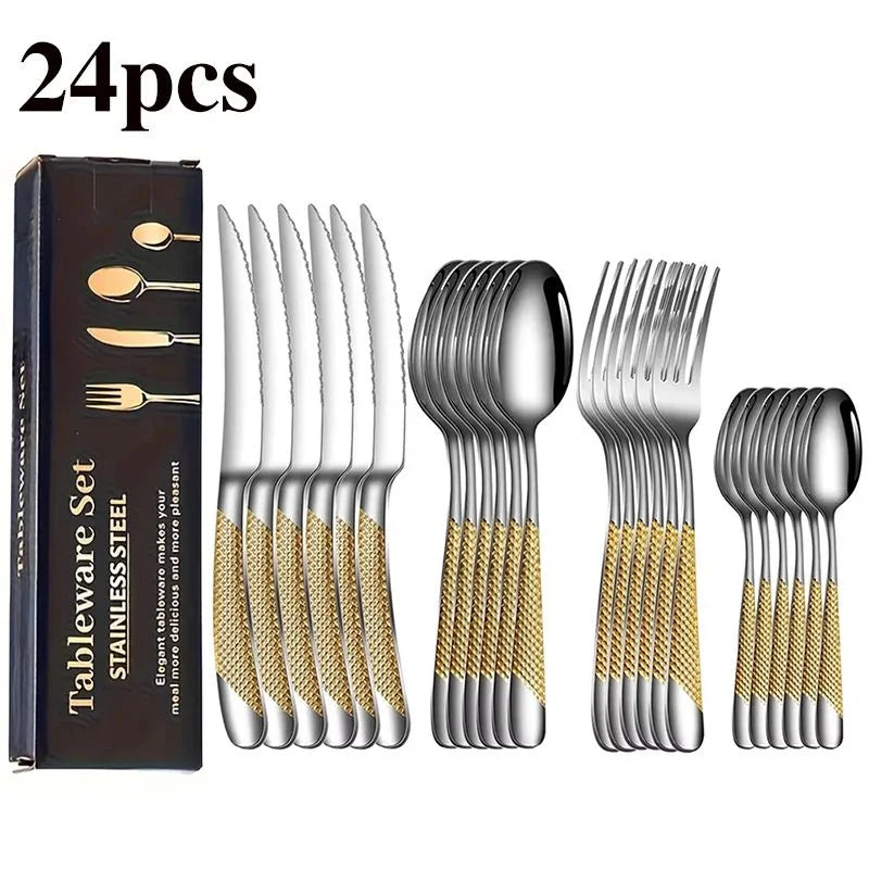 24-Pc Star Diamond Stainless Steel Cutlery Set – Knife Fork Spoon Flatware Cutlery Set Axl 24pc gold