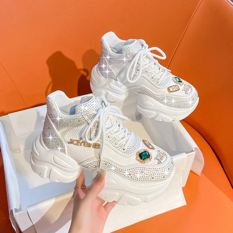 YEAE Rhinestone Platform Sneakers – Women's Luxury Casual Shoes Platform Sneakers Axl WHITE 36