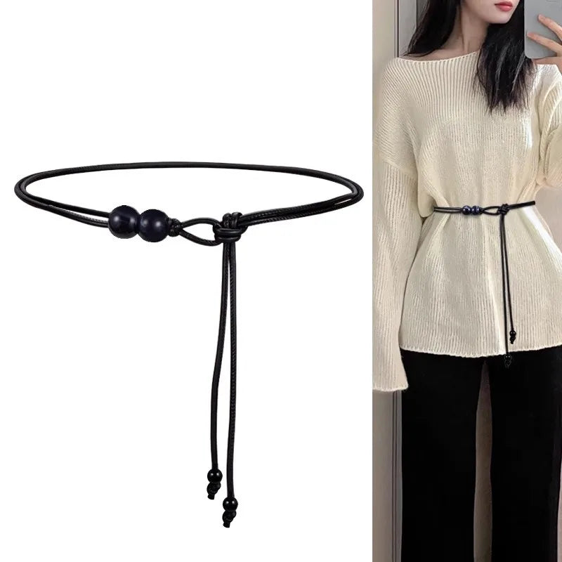Women's Slim Adjustable Faux Leather Belt with Bead Accents Women's Fashion Belt Axl