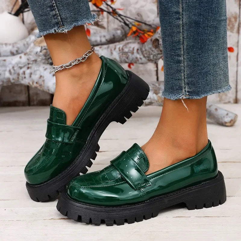 Women's Platform Block Heel Loafers – Slip-On Round Toe Flats Platform Loafers Axl