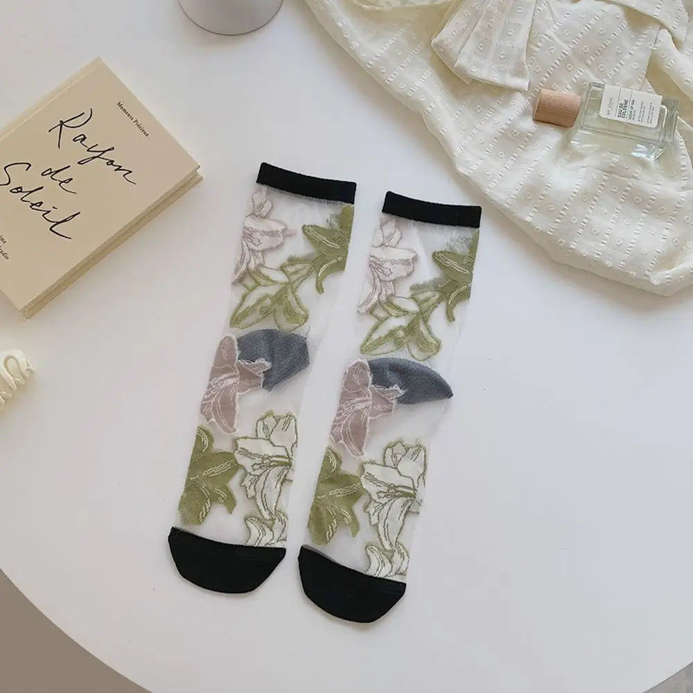 Korean Floral Mesh Tube Socks – Sheer Embroidery Women's Socks Floral Mesh Socks Axl black One Size