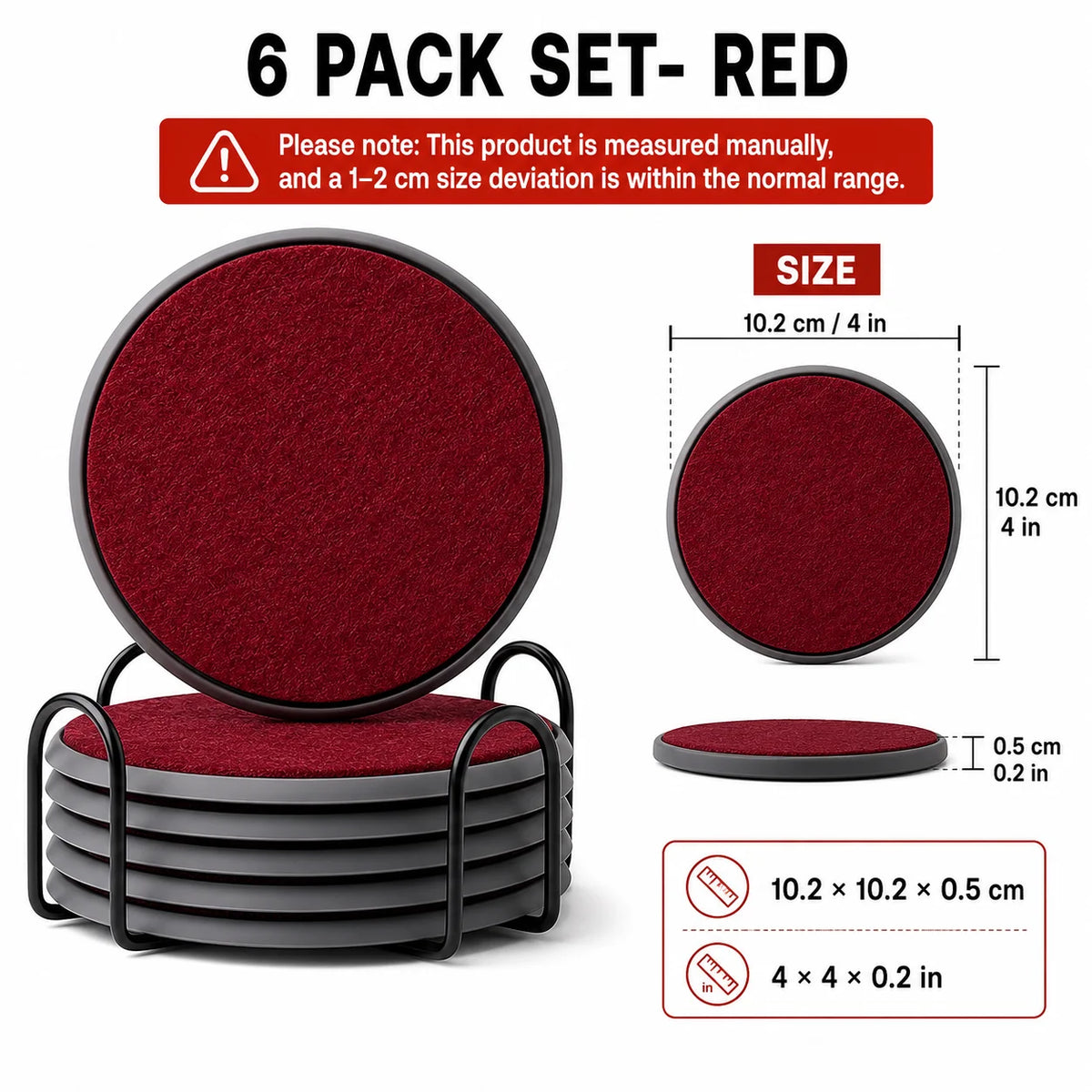 Felt & Silicone Drink Coasters Set of 6 with Metal Holder Drink Coaster Set Axl 6 PACK Set-Red