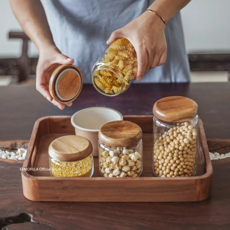 KEMORELA Glass Storage Jar with Acacia Wood Lid | Airtight Canister Glass Storage Jar Axl