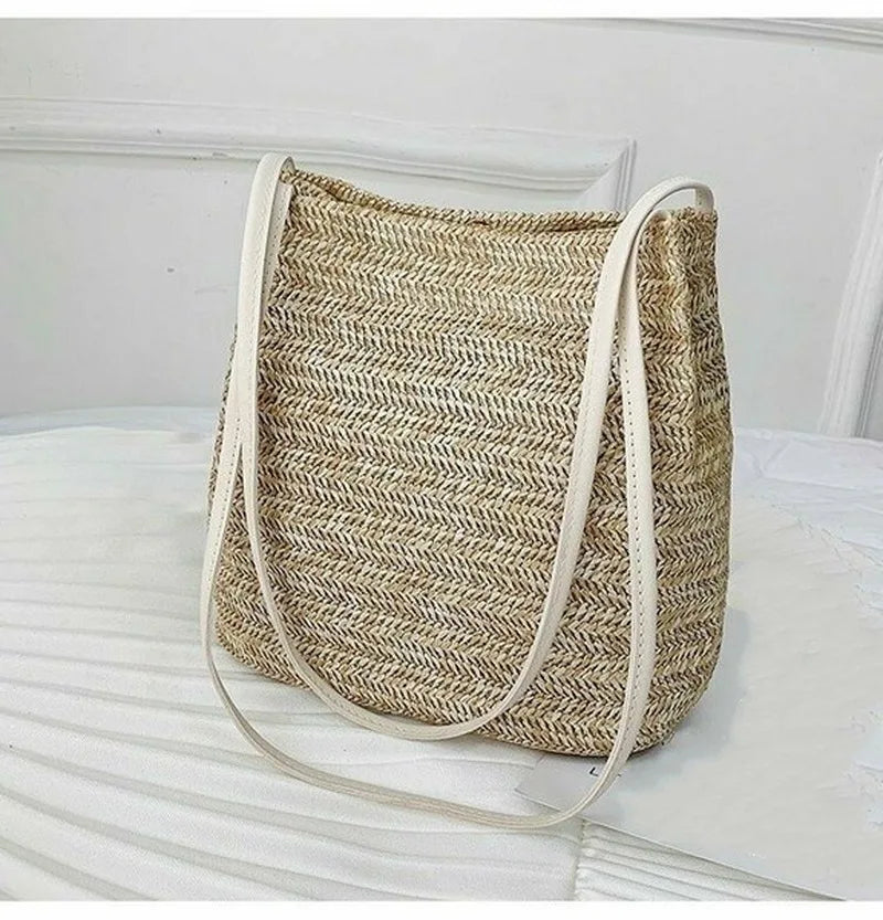 Women's Straw Rattan Woven Beach Bag – Boho Shoulder Tote Woven Straw Handbag Axl