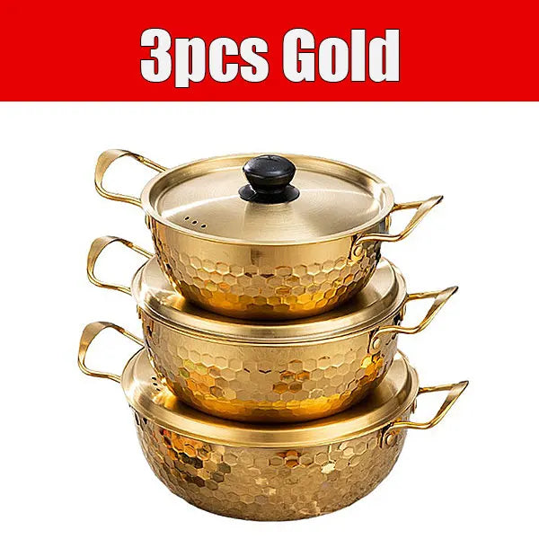 3-Piece Korean Ramen Pot Set – Stainless Steel with Lids Cookware Pot Set Axl 3pcs Gold