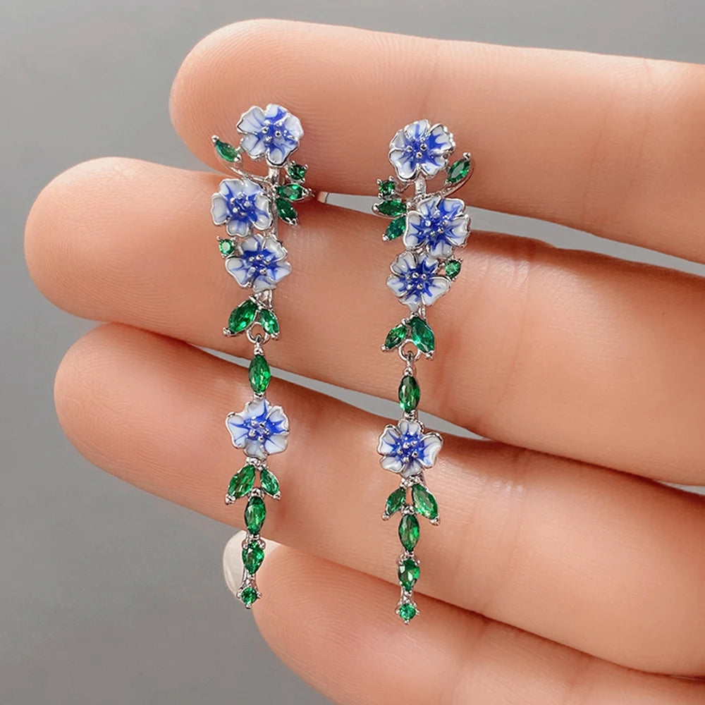 Huitan Vintage Enamel Blue Flower Dangle Earrings Women Dangle Drop Earrings Axl