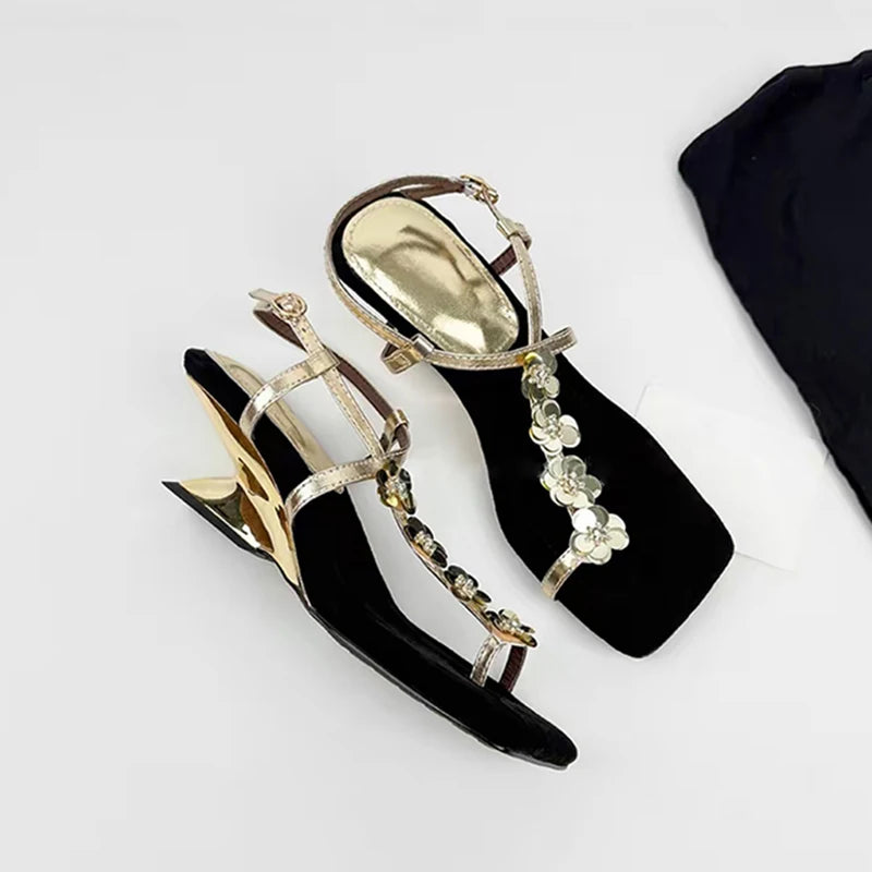 Women's Sequin Flower Wedge Sandals | Open Toe Gladiator Heels Wedge Sandals Axl