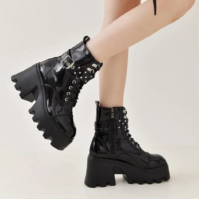 Women's Platform Gothic Ankle Boots – Buckle Chain Wedge Gothic Platform Boots Axl