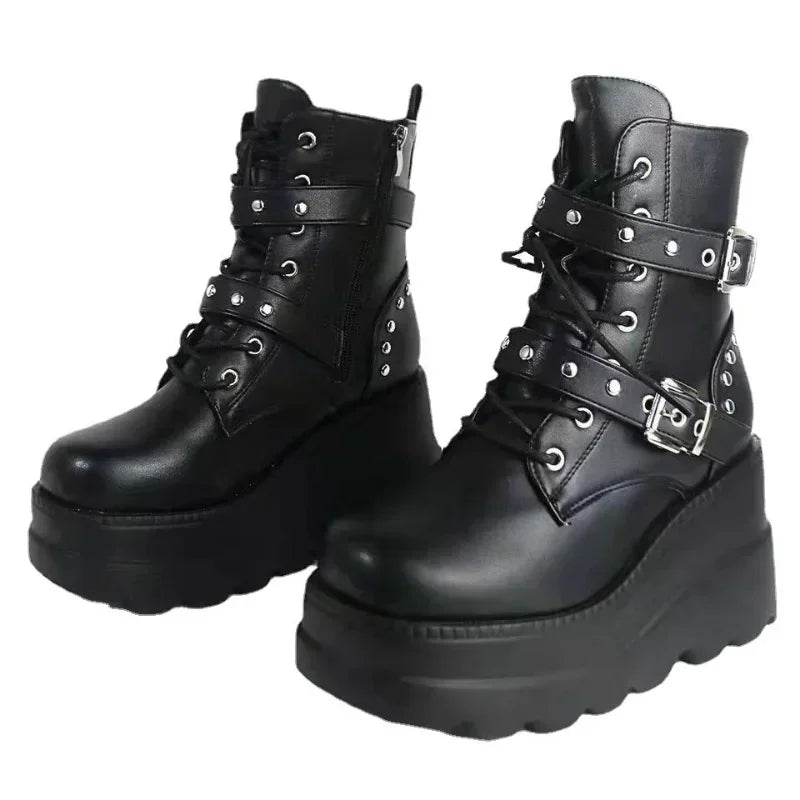 Women's PU Leather Platform Ankle Boots – Gothic Lace-Up Platform Ankle Boots Axl