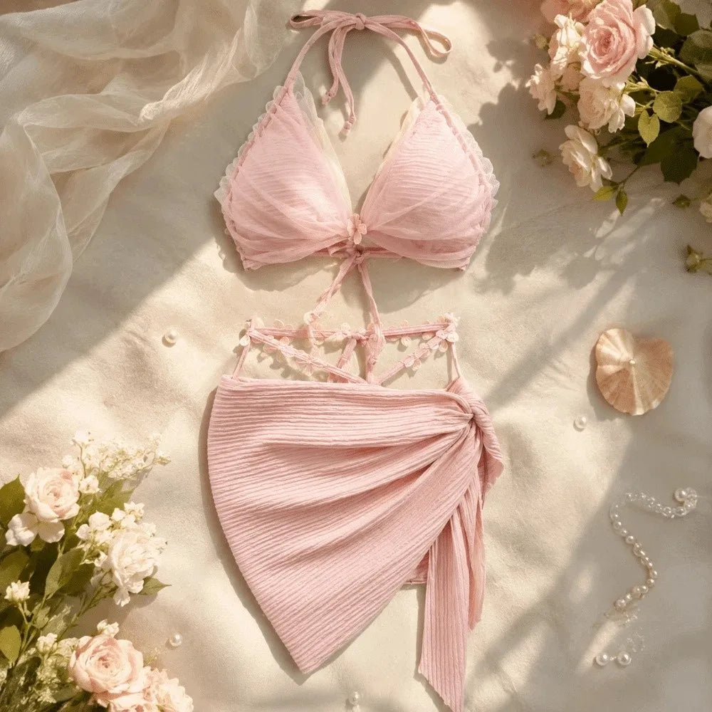 Women's 3-Piece Lace-Up Deep-V Bikini Set | Mesh Swimsuit Bikini Swimsuit Set Axl