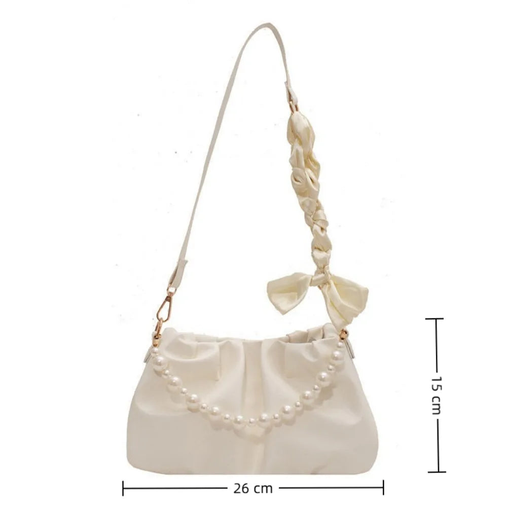 Pleated PU Leather Shoulder Bag with Pearl Detail | Women's Purse Shoulder Handbag Axl