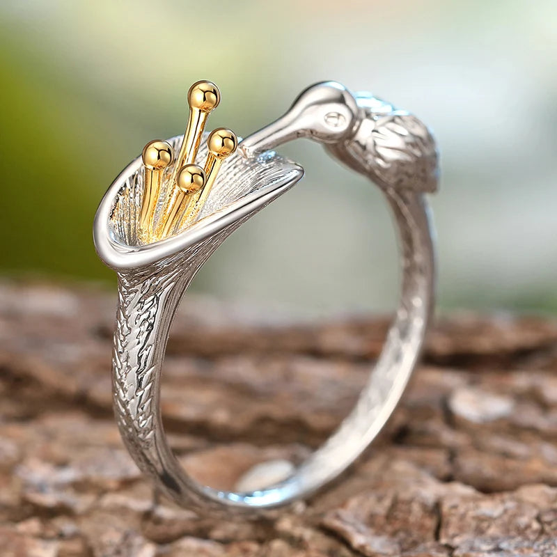 Huitan Two-Tone Bird & Flower Ring for Women | Brass Fashion Ring Fashion Ring Axl