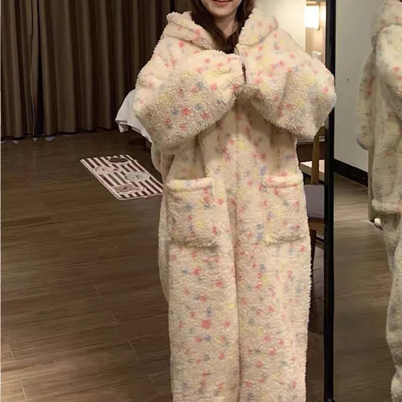 Women's Hooded Fleece Onesie Pajamas | Cartoon Print Sleepwear Fleece Onesie Pajamas Axl