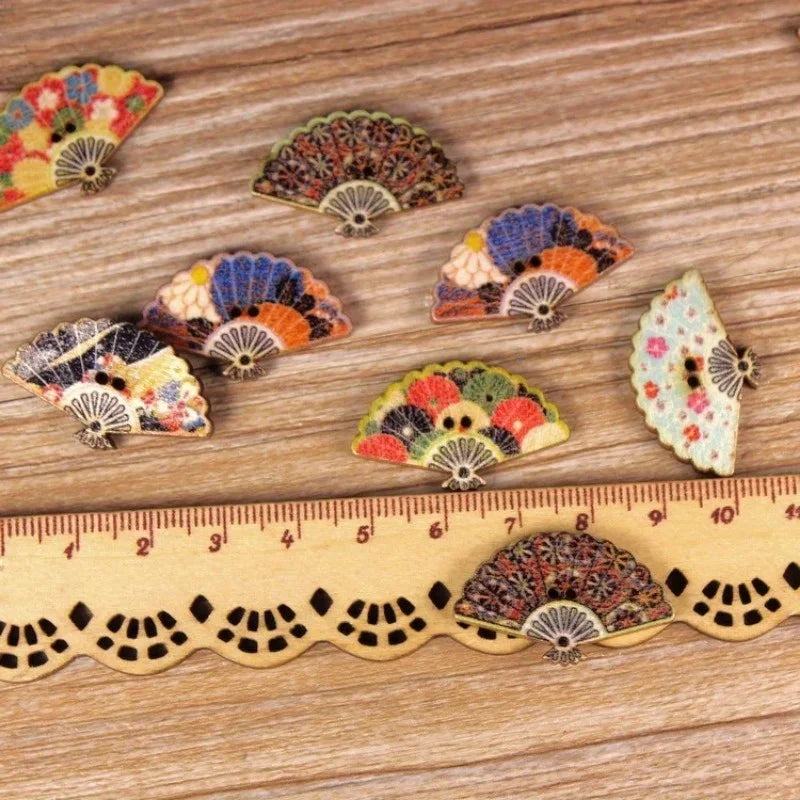 10 Pcs Painted Fan Wooden Pendants | Retro DIY Craft Ornaments Wooden Craft Pendants Axl