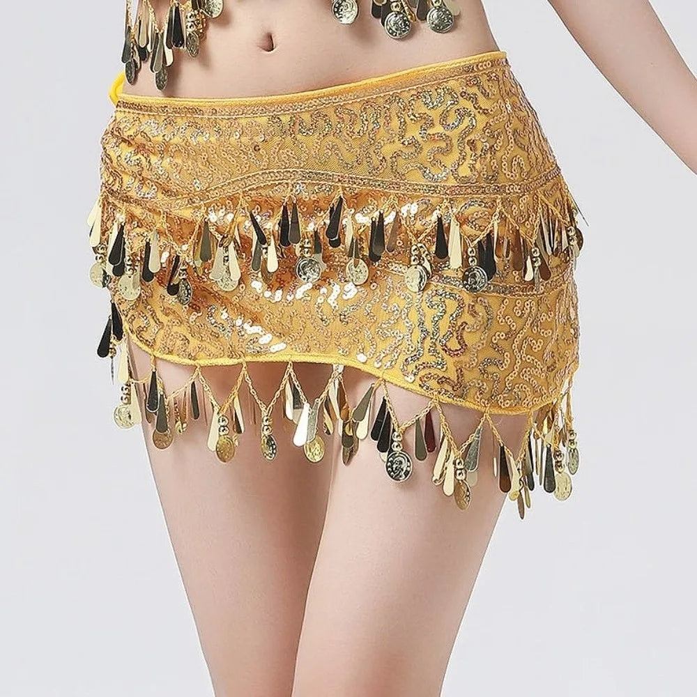 Glitter Sequin Belly Dance Hip Scarf – Rhinestone Waist Belt Belly Dance Belt Axl Gold
