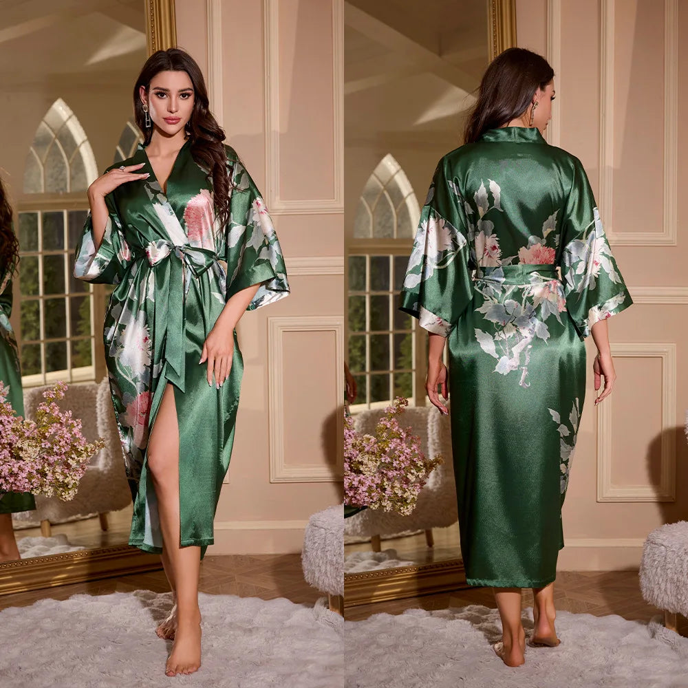 Women's Printed Kimono Robe – Long Loose Loungewear Nightgown Kimono Loungewear Robe Axl 07 One Size