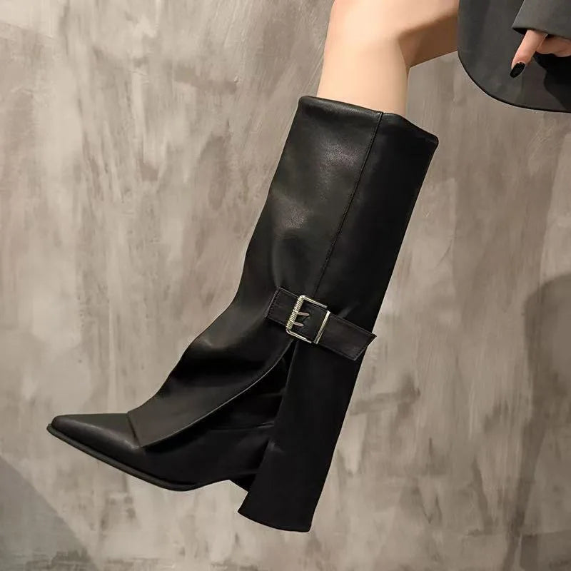 Women's Stiletto Pointed Toe Mid-Calf Boots – Retro Knight Style Stiletto Heeled Boots Axl