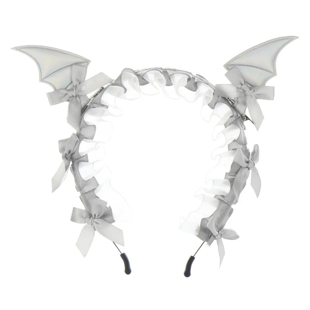 Gothic Bat Ruffle Lace Headband – Punk Bow Cosplay Hair Hoop Gothic Hair Headband Axl Grey