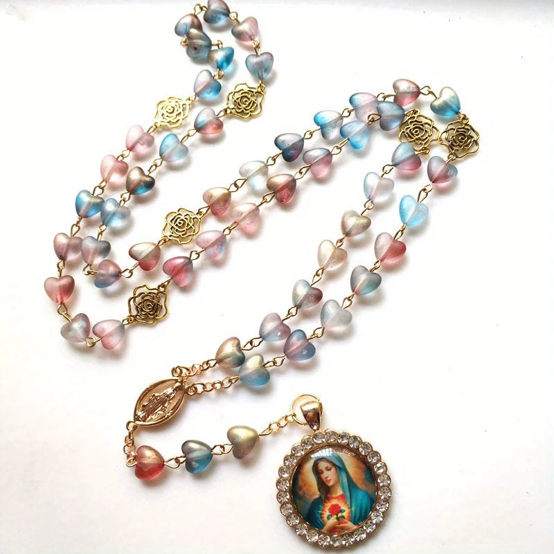 Catholic Rosary Necklace – Virgin Mary Cross & Crystal Beads Rosary Necklace Axl Multicolor