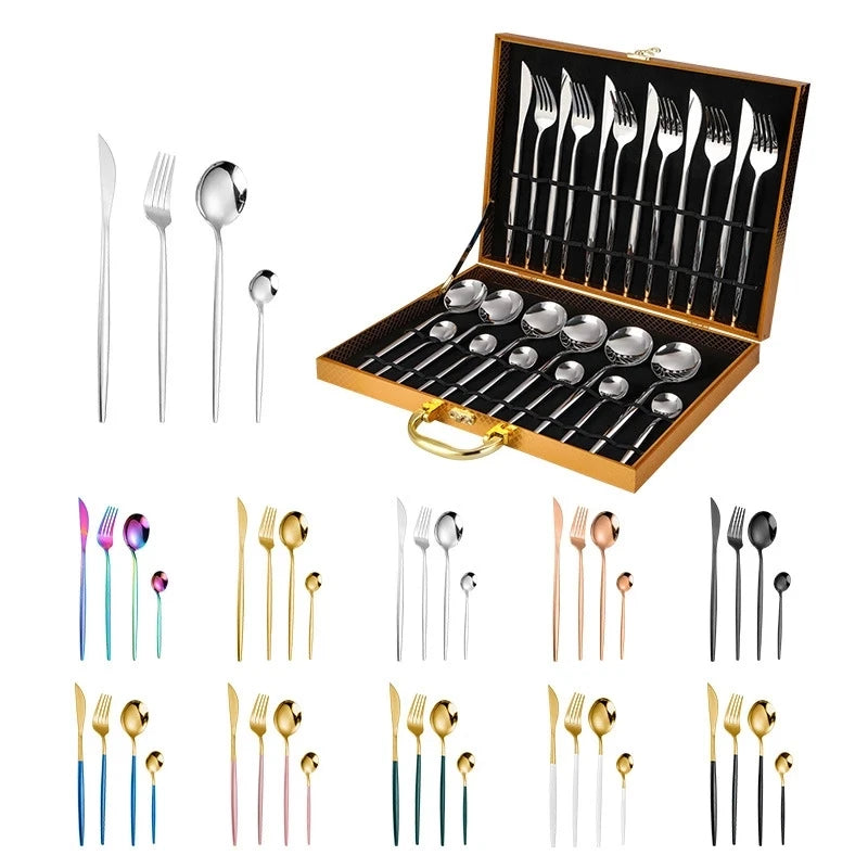 24-Piece Gold Stainless Steel Cutlery Set for 6 | Gift Box Flatware Cutlery Set Axl