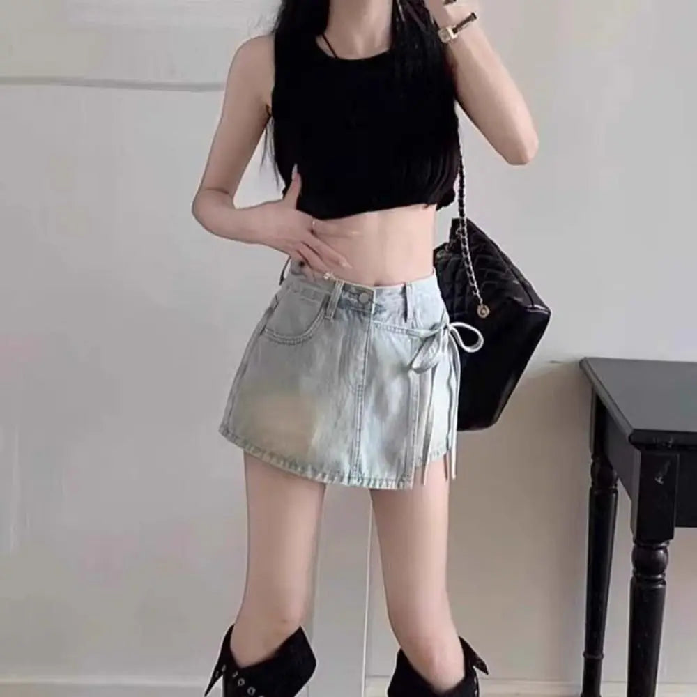 Y2K High Waist Denim A-Line Skirt – Lace-Up Wide Leg Blue Jean Denim A-Line Skirt Axl