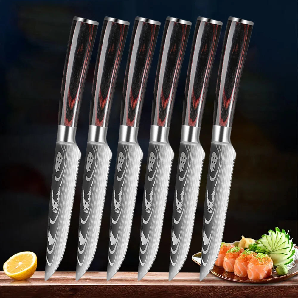 Damascus Steak Knife Set 1–8 Pc | Laser-Pattern Colored Wood Handle Steak Knife Set Axl 6pcs