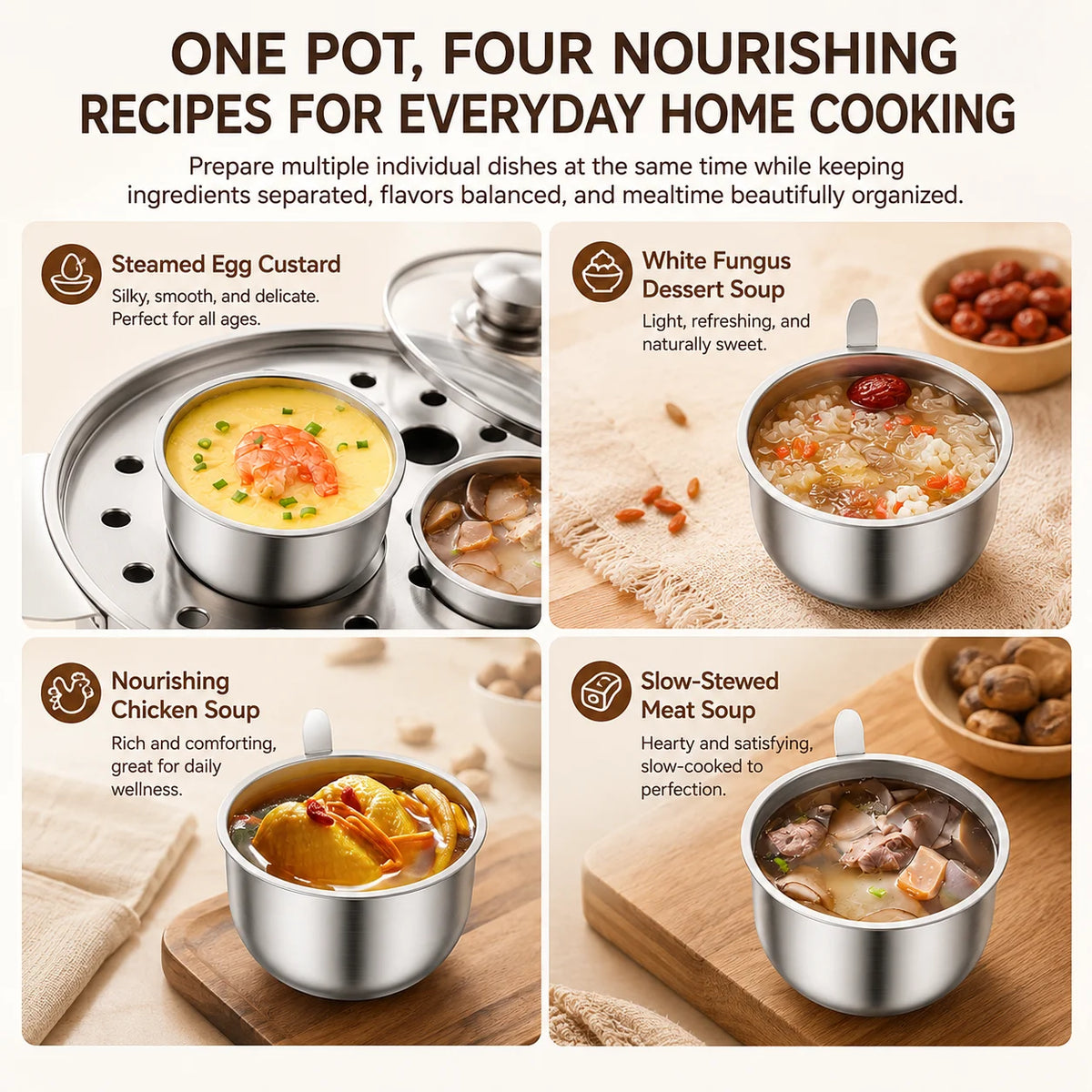 Stainless Steel Water Bath Stew Pot – 4 Inner Cups & Glass Lid Water Bath Stew Pot Axl
