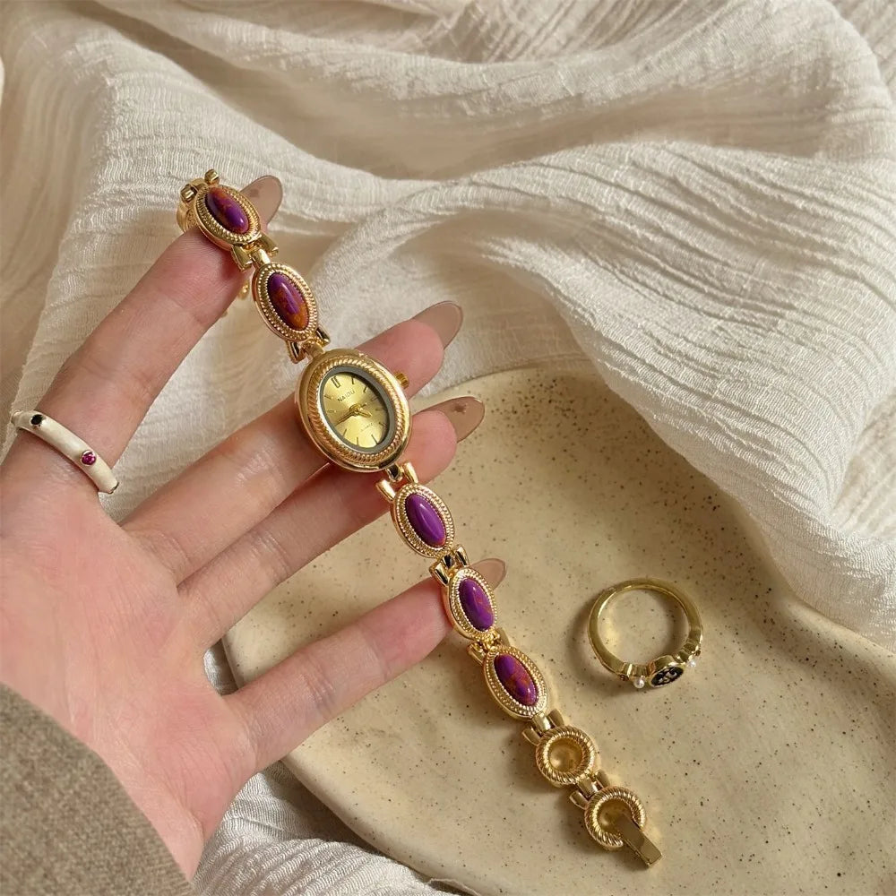 Luxury Oval Bracelet Watch – Vintage Gemstone Quartz Women Bracelet Watch Axl Purple