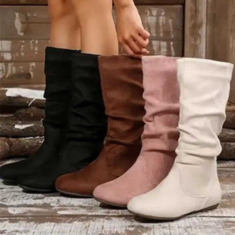 Women's Pleated Suede Mid-Calf Western Cowboy Boots | Side Zip Women's Cowboy Boots Axl