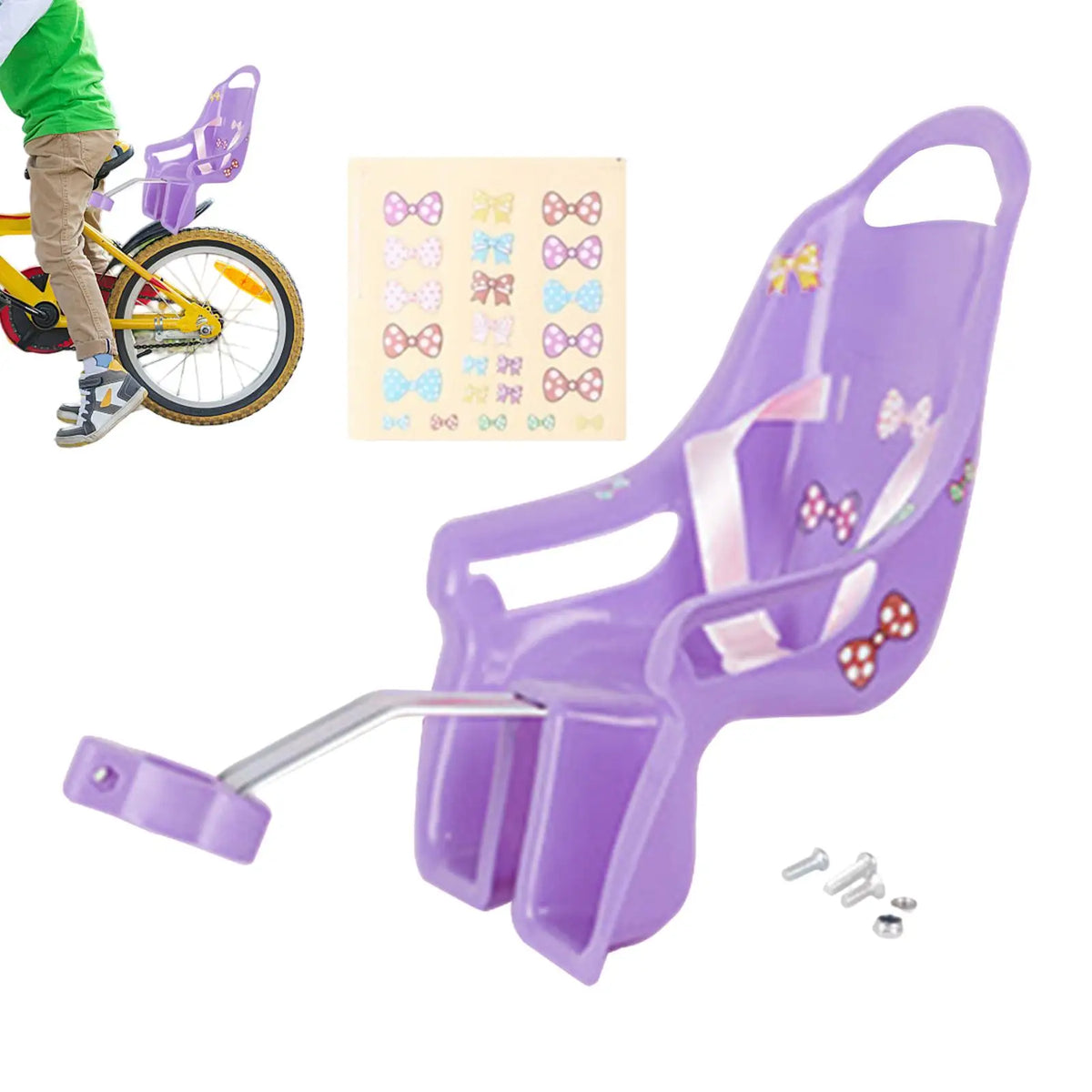 Girls Bike Doll Seat Carrier with DIY Decals – Pink & Purple Doll Bike Seat Axl